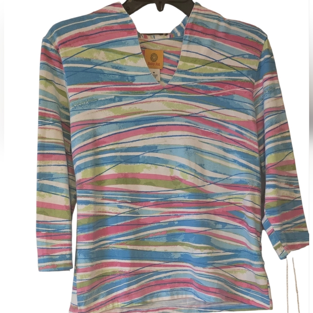 Ruby Rd. Multicolor Striped 3/4 Length Sleeve Top Size M